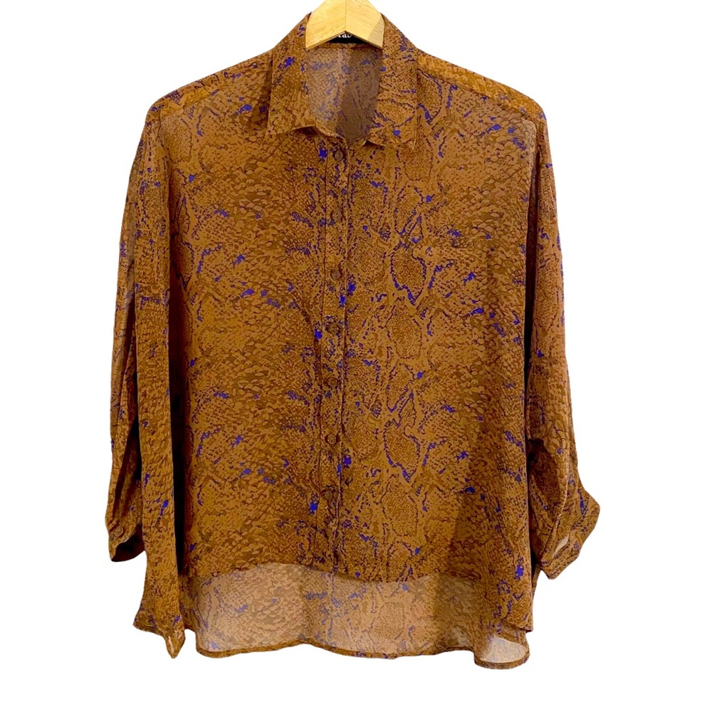 Fab’rik Brown & Blue Semi Sheer Snake Print Button Down Blouse, Size Medium